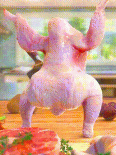 Pink Chicken Standing On Cutting Board GIF