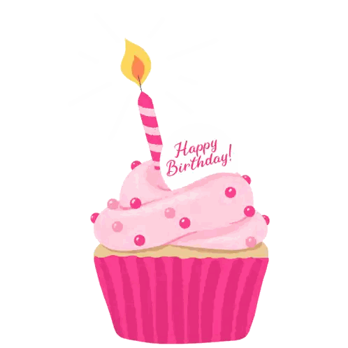 Pink Cupcake with Candle and Happy Birthday Text