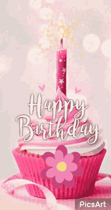 Pink Cupcake With Candle and Happy Birthday