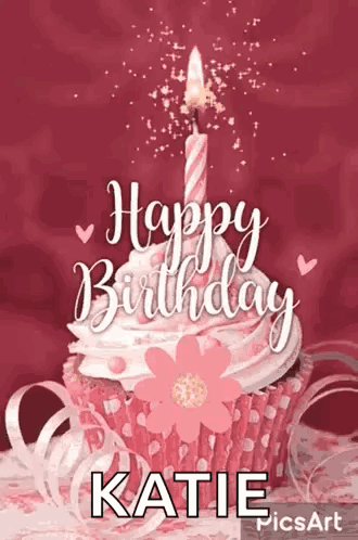 Pink Cupcake With Candle Happy Birthday Katie