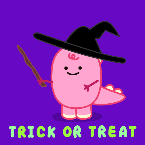 Pink Dino With Black Hat Holding Magic Wand For Trick Or Treat GIF