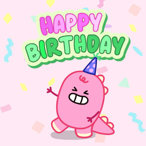 Pink Dinosaur In Party Hat With Happy Birthday Sign GIF