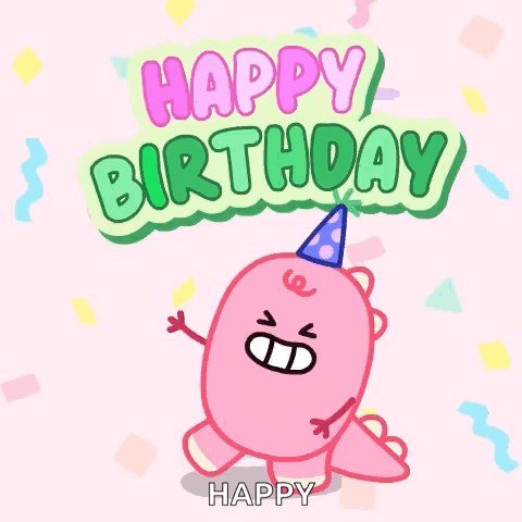 Pink Dinosaur in Party Hat With Happy Birthday Sign