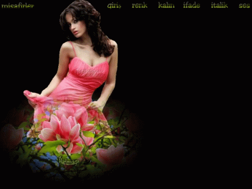 Pink Dress Woman Among Pink Flowers and Green Leaves