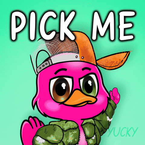 Pink Duck in Hat and Jacket Saying Pick Me