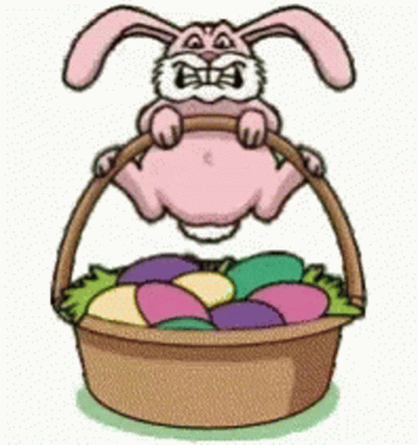 Pink Easter Bunny Jumping Into Basket of Eggs