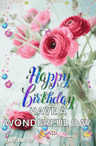 Pink Flowers Birthday Card Saying Have a Wonderful Day