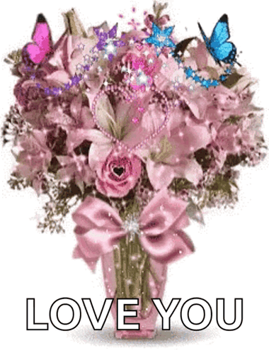 Pink Flowers in Vase with Butterflies