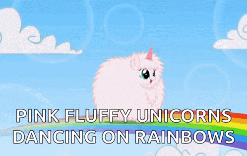 Pink Fluffy Unicorns Dancing On Rainbows With White Text GIF