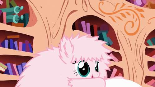 Pink Furry Animal Looking Out of Bookshelf
