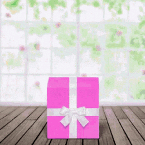 Pink Gift Box On Wooden Floor In Front Of Window GIF