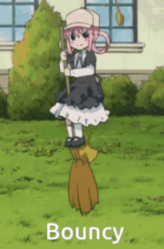 Pink Hair Girl Bouncing on Broom