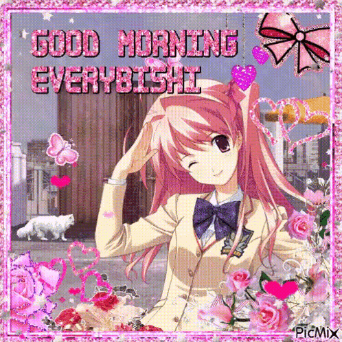 Pink Hair Girl Flowers Hearts Good Morning Everybishi