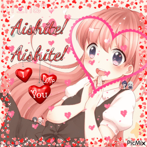 Pink Hair Girl Surrounded By Hearts Says Aishite GIF