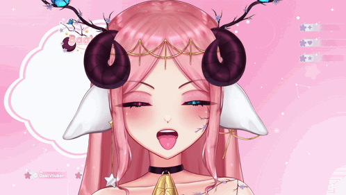 Pink Hair Girl with Purple Horns Funny Face