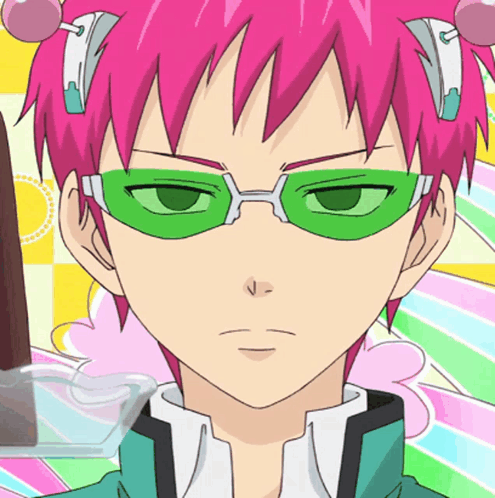 Pink Hair Green Glasses Cartoon Character Looking at Camera