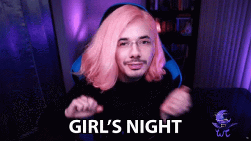 Pink Hair Man in Chair Saying Girl's Night