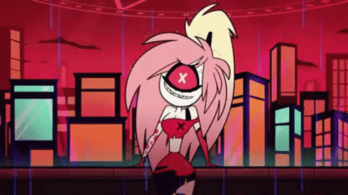 Pink Hair Red Eye Cartoon in Front of City