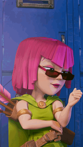 Pink Hair Sunglasses Cartoon Character Blue Door