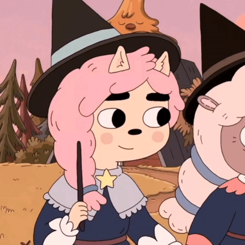 Pink Haired Cartoon Character With Witch Hat Holding Wand