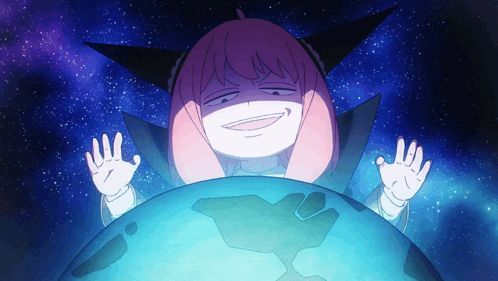 Pink Haired Cartoon Holding Blue Planet