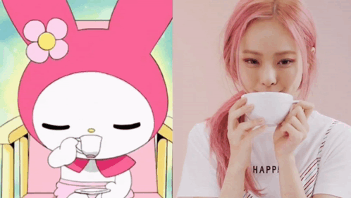 Pink-Haired Girl Drinking Cup Beside Cartoon Character