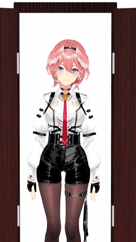 Pink-Haired Girl in Black Shorts at Door