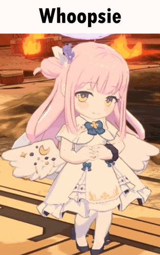 Pink-Haired Girl in White Dress by Fire Saying Whoopsie