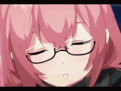 Pink-Haired Girl With Glasses And Question Mark In Mouth GIF