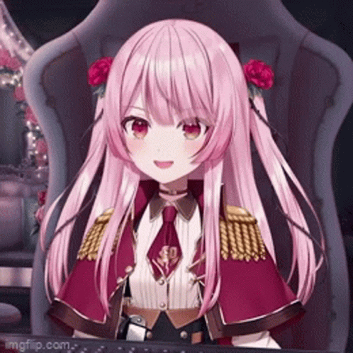 Pink-Haired Girl With Red Eyes and Flowers