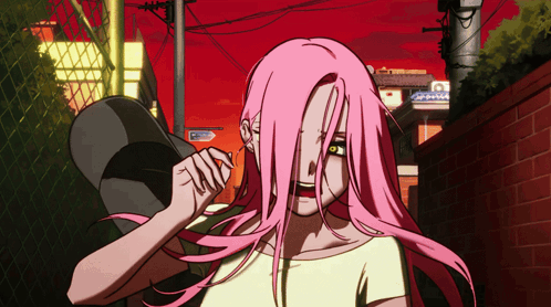 Pink-Haired Woman Holding Hat Near Aoyama Sign