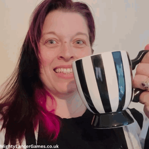 Pink Haired Woman Holding Striped Coffee Cup