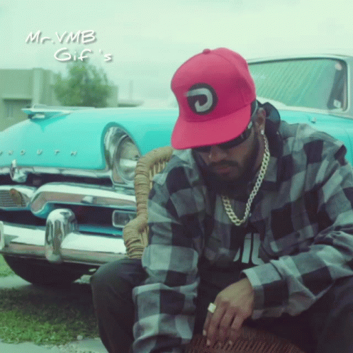 Pink Hat Man in Front of Blue Car mr.vmb