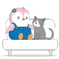Pink Penguin and Gray Cat Sitting