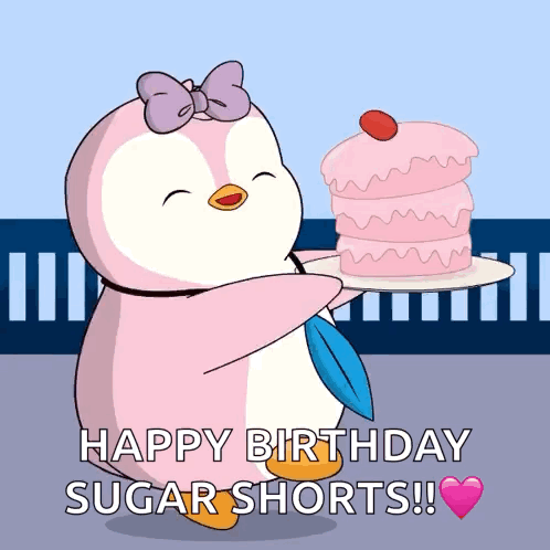 Pink Penguin Holding Cake Saying Happy Birthday