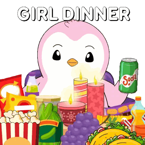 Pink Penguin Holding Soda in Front of Food and Candles