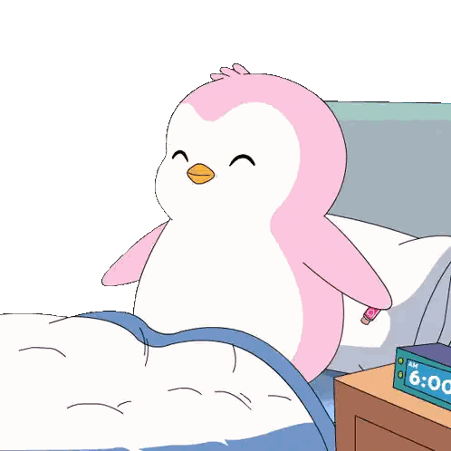 Pink Penguin Lying in Bed Next to 6:00 Alarm