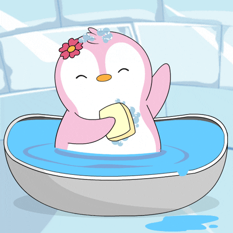 Pink Penguin Rubs Body Dancing Bath Time GIF
