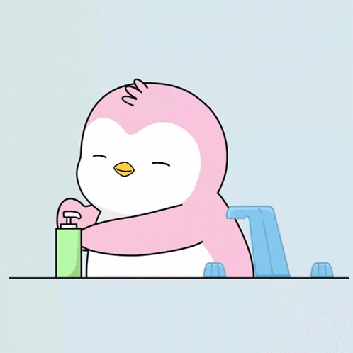 Pink Penguin Washing Face Next to Green Bottle