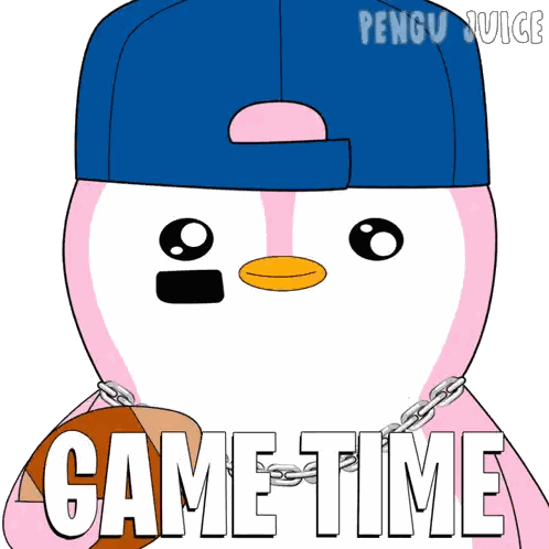 Pink Penguin Wearing Blue Hat and Chains