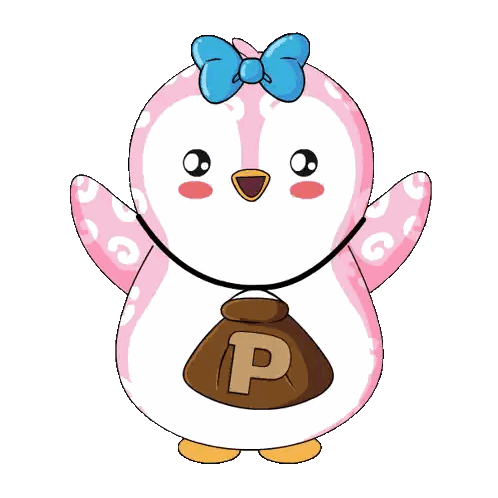 Pink Penguin with Blue Bow Holding Bag