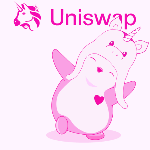 Pink Penguin With Unicorn And Uniswap GIF