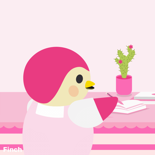 Pink Penguin Writing in Notebook