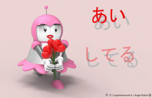 Pink Robot Holding Red Flowers Saying Angel Robot