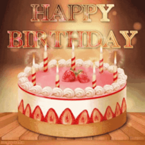 Pink Strawberry Cake Happy Birthday Greetings GIF