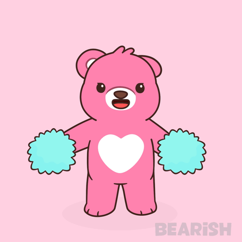 Pink Teddy Bear Cheering With Blue Pom Poms