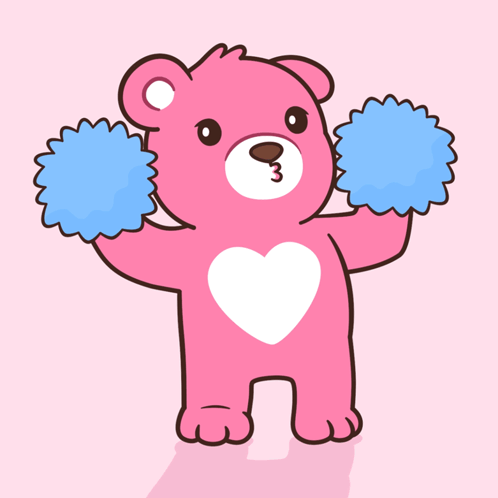 Pink Teddy Bear Holding Blue Pom Poms