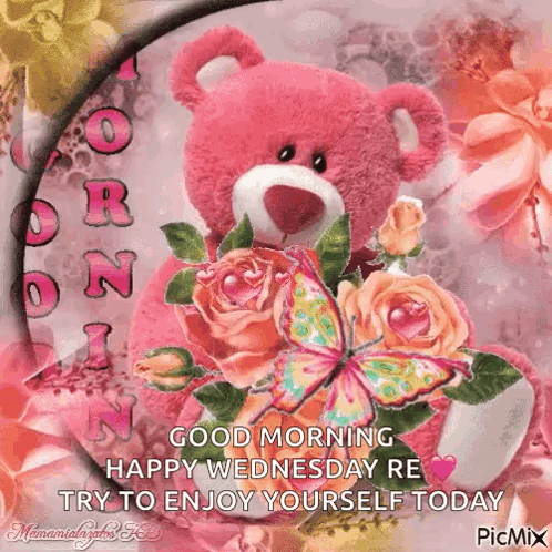 Pink Teddy Bear Holding Flowers And Butterflies Says Good Morning Happy Wednesday GIF