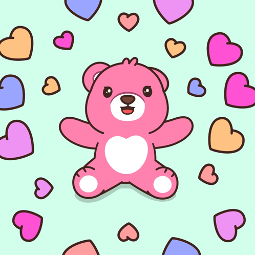 Pink Teddy Bear Surrounded By Pink And Blue Hearts GIF