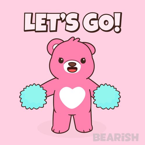 Pink Teddy Bear With Blue Pom Poms Saying Let's Go